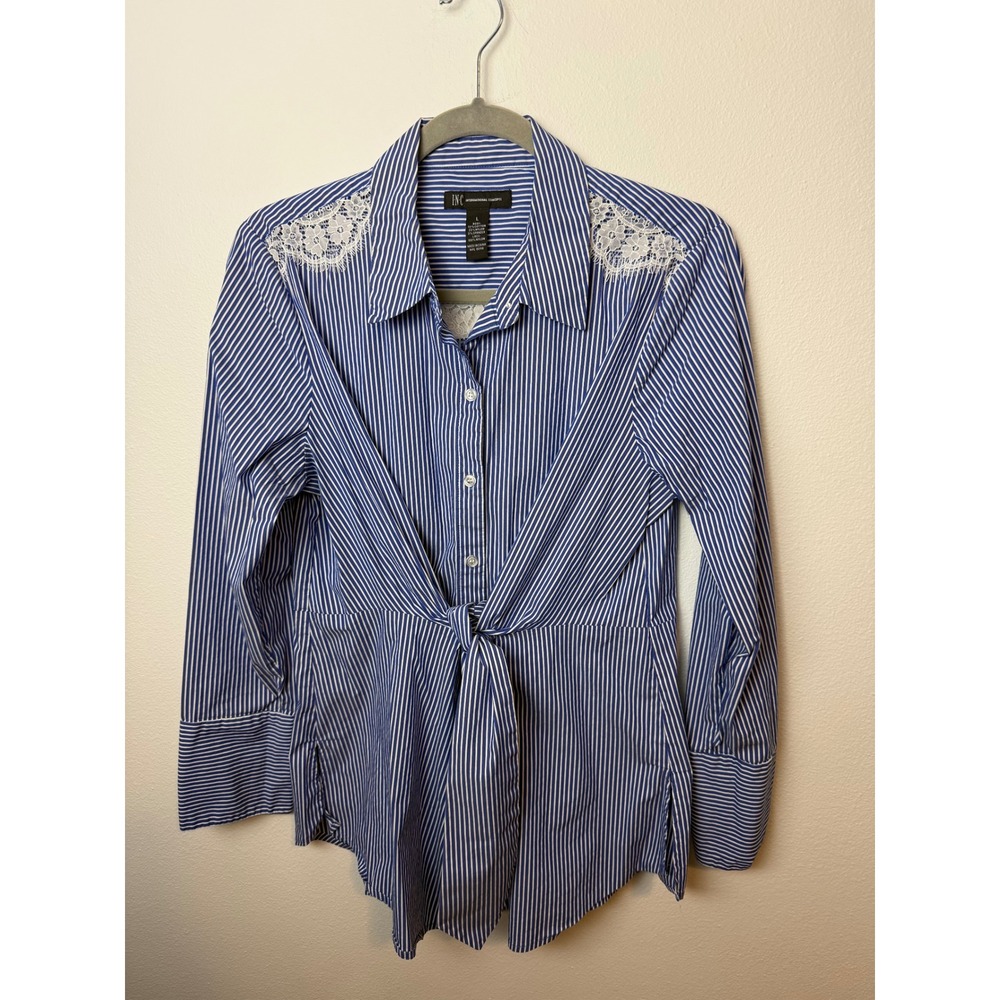 INC International Concepts Blue White Pinstripe Lace‎ Tie Front Shirt Womens L